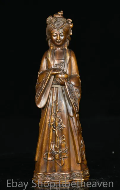 7.2" Old Chinese Boxwood Hand Carving Dynasty Palace Beautiful Woman Statue