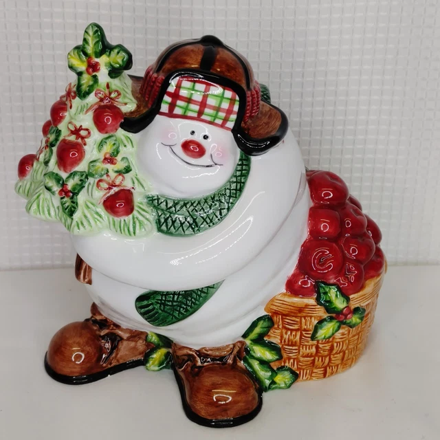 Fitz & Floyd Christmas Dish Appletree Snowman With Lid 6"