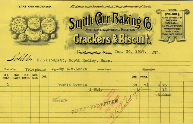 Northampton Mass SMITH CARR BAKING to EH Blodgett 1907 Illustrated Billhead BH38