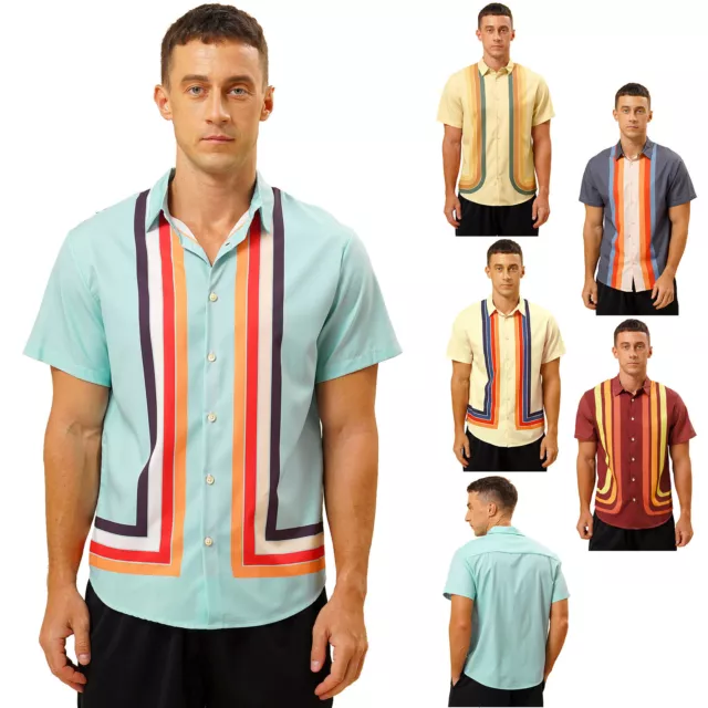 Mens Colorful Striped Shirt Holiday Beach Casual Turn-Down Collar Button Tops 2