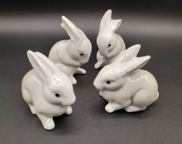 RARE Set 4 Vintage Otagiri Rabbits Bunny Figurine OMC Light Gray Porcelain Japan
