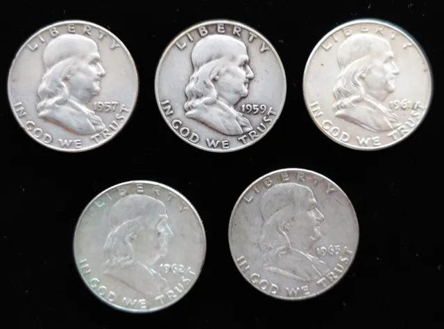 5 Franklin Half Dollars 1957-D 1959-D 1961-D 1962-D 1963-D 3-Day Sale $1 START!