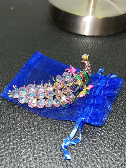 Peacock Bird Navette Rhinestone Crystal Glass Ice Painted Enamel Brooch Pin