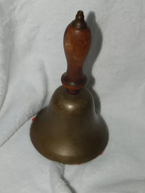Antique/Vintage   9” Wood Handle Brass School Bell (Old) Original Clapper 9"