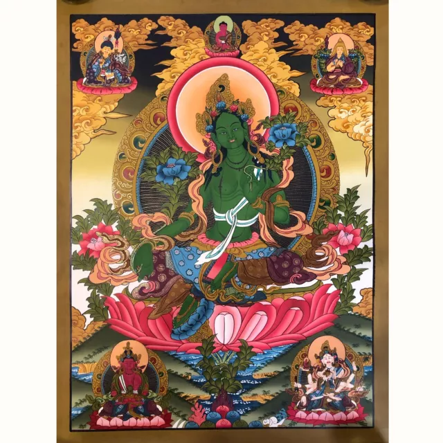 Green Tara Thangka Painting, Handmade Tibetan Art on Cotton Canvas from Himalaya