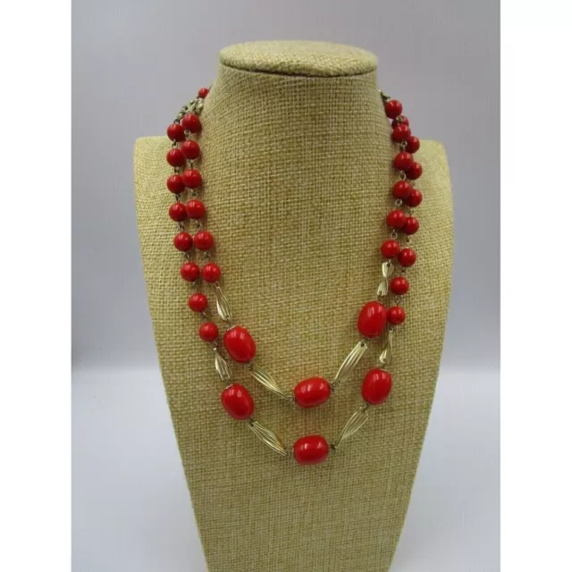 Vintage Red Acrylic Bead Necklace Cherry Red Gold Tone Retro Jewelry, 15"