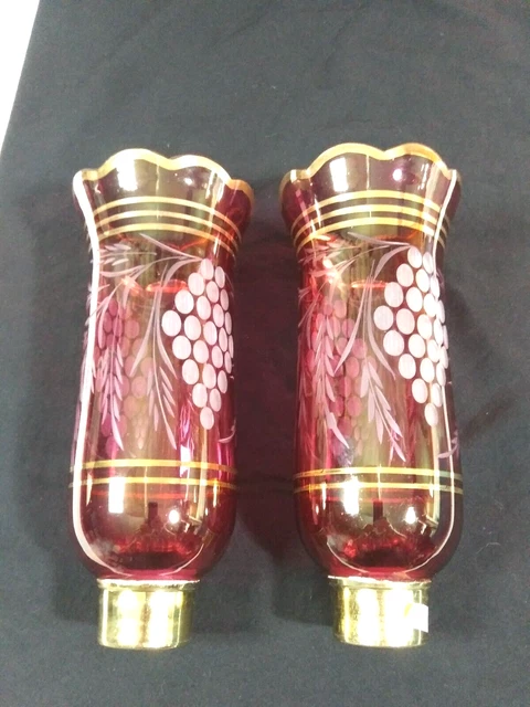 Vintage Cranberry Floral/Berry Light Candle Globe/Shade Pair