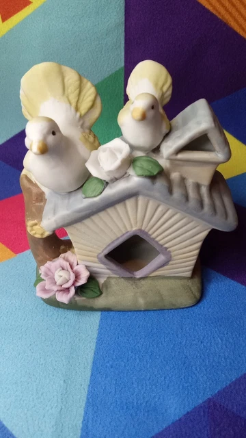 vintage Fine porcelain bird house Bird Figurine Rose Flower Pastel  Textured