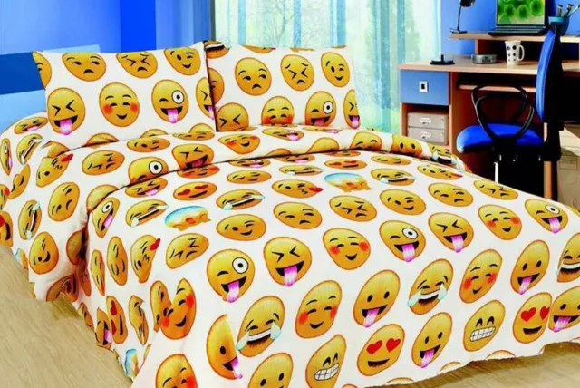 Duvet Quilt Cover Emoji Icons White Funny Faces Emojis Kids Bedding Set Double