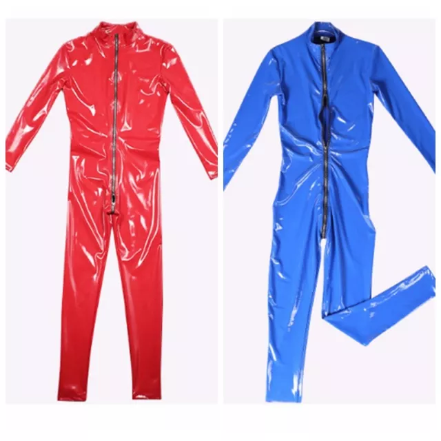 Femme Élasthanne Faux Latex Body Catsuit Fermeture Éclair Effet Mouillé Costume 3