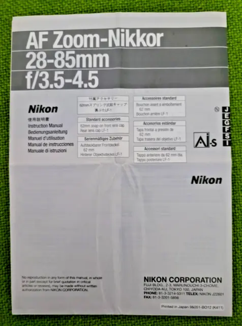Nikon AF Zoom-Nikkor  28-85mm f/3,5-4,5 Bedienungsanleitung