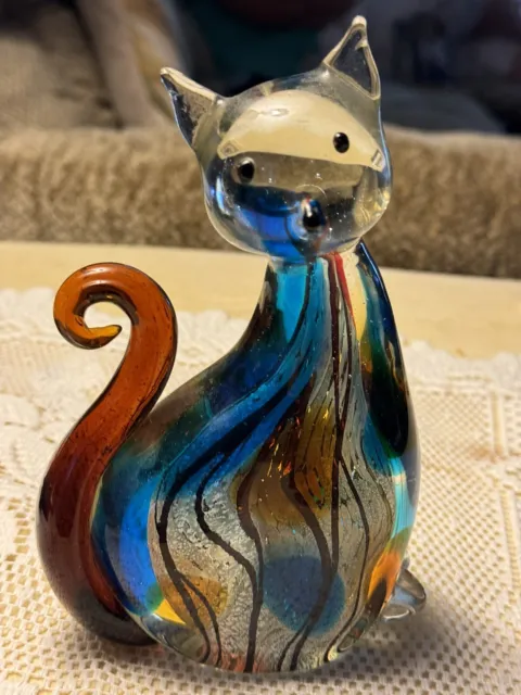 Murano Style Blown Art Glass Cat Figurine Multicolor Beautiful Colors