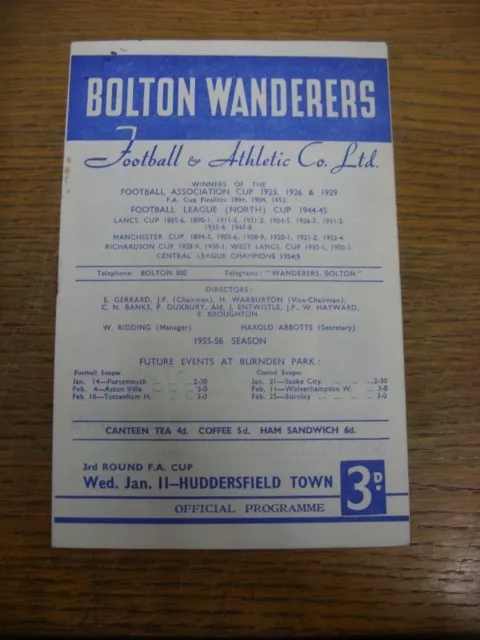 11/01/1956 Bolton Wanderers v Huddersfield Town [FA Cup] (folded, rusty staple)