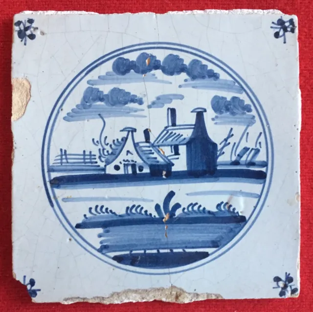 Antique 18th / 19th century Delft Tin Glazed Landscape Tile Blue & White Castle