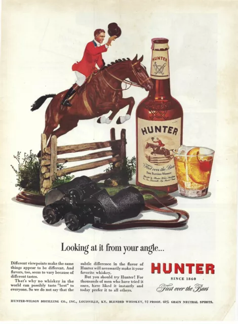 1948 Hunter Fine Blended Whiskey Looking Angle Horseback Vintage Print Ad/Poster