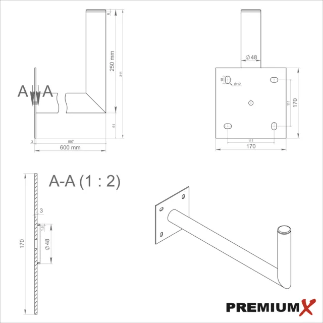 PremiumX 60cm SAT Wandhalter Stahl Satelliten Antenne Wand Halter Wandhalterung 3