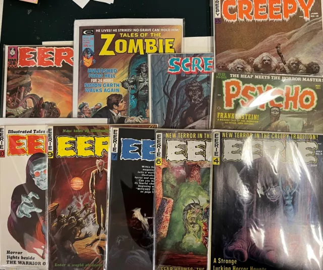 Horror Magazine lot: Eerie, Creepy, Pscho, Scream + Frazetta, Boris art