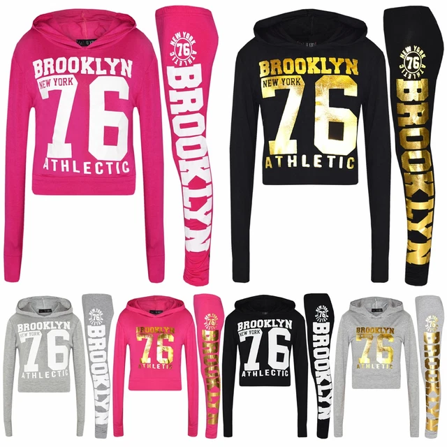 Kids BROOKLYN Cropped Hooded Top Set Printed Hoodie Leggings Girls Boys Age 5-13