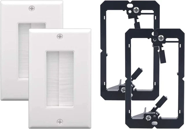 VCE Single Brush Wall Plate w Low Voltage Bracket, Home Theater, 2-Pack, White