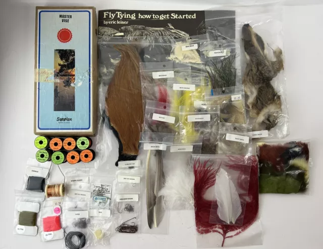 LOT of Fly Tying Kit Materials Tools Vice Feathers Hackles Fur Hooks Thread Book