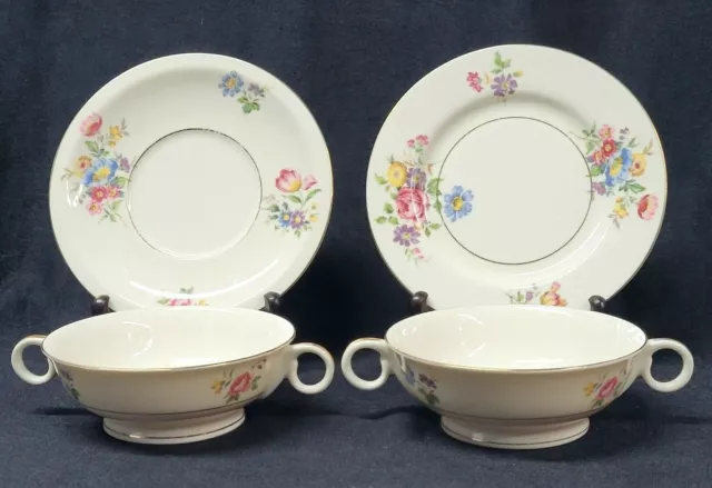 2 Sets Theodore Haviland - Pasadena Cream Soup Bowls & Saucers, 2 Handled Bowls