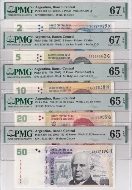 Argentina Set 5; 2-10 20 50 Pesos ND 2002 P352-356 Superb Gem UNC PMG 65 67 EPQ