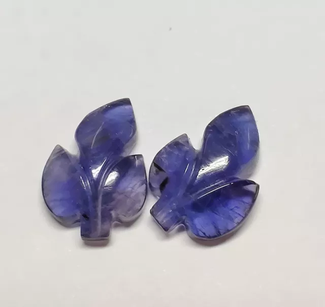 Natural Iolite Carving Pair Leaf Shape Blue Carved Gemstone for Jewelry 5.8 Cts