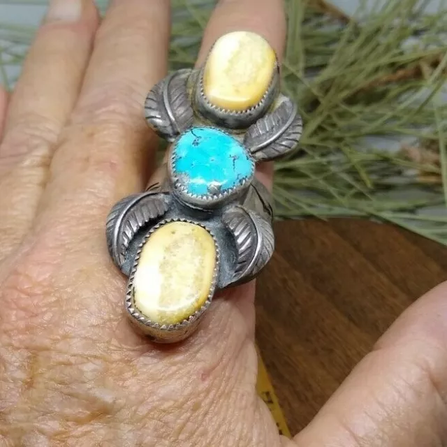 Massive Navajo sterling turquoise bone ring - awesome power -sz 12.5 2