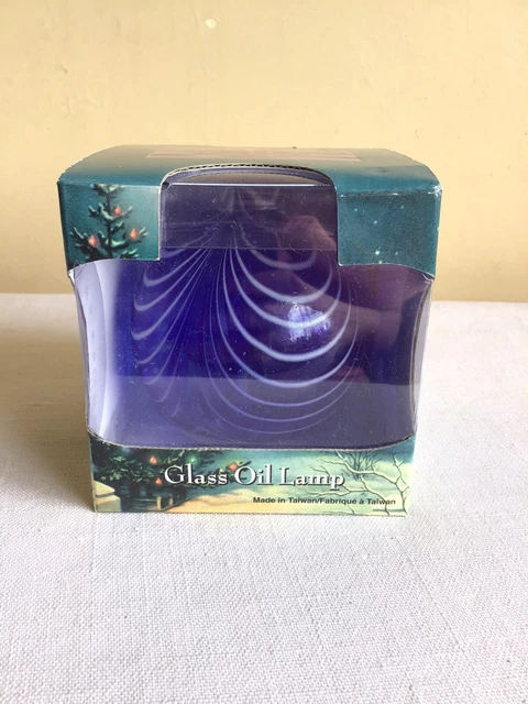 Vtg New Traditions Cobalt Blue Pulled Feather Handblown Art Glass Round Oil Lamp