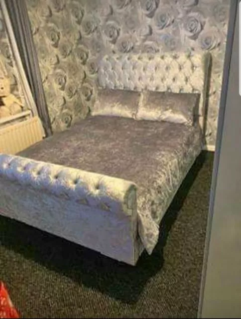 Classy Modern Bed Frame Sleigh Style Upholstered Crushed Velvet SALE NOW ON!!!!