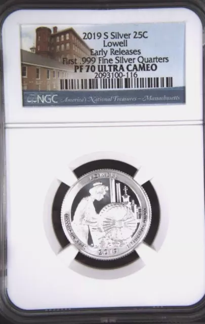 2019-S Silver, Lowell Nat'l Hist. Park, MA, Quarter, NGC PF70- E/R -UCAM -93100