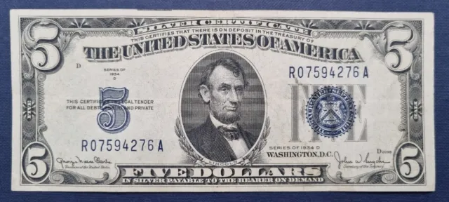 1934 D Five Dollar Silver Certificate Note $5 Bill Blue Seal Better Grade #58076