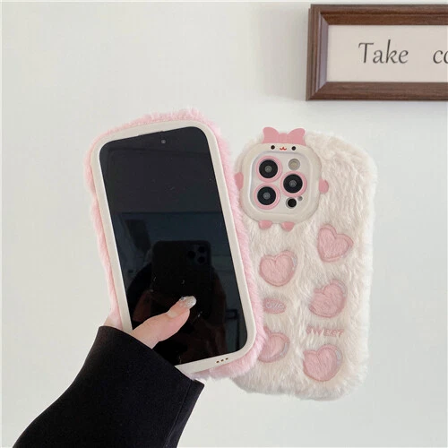 For iPhone 15 Pro Max 14 13 12 11 Luxury Love Heart Butterfly Clouds Plush Case 3