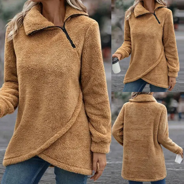 Womens Fluffy Fur Teddy Bear Fleece Jacket Jumper Zipper Pullover Sweatshirt Top