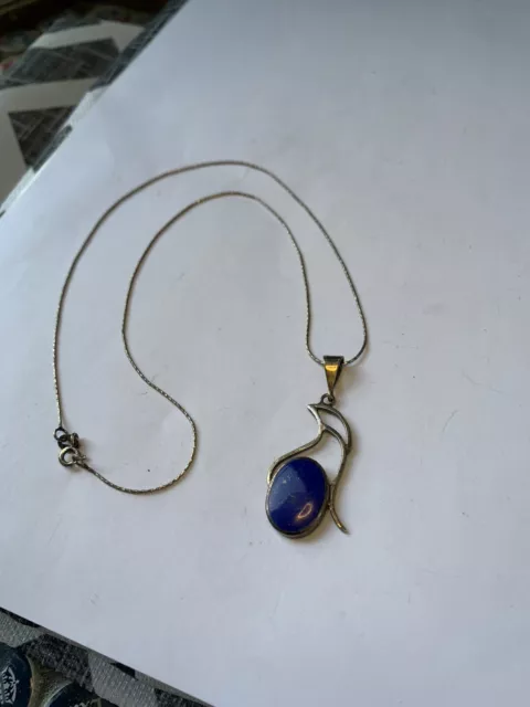 Vintage Blue Lapis Lazuli Sterling 925 Silver Pendant 18'' Chain Necklace