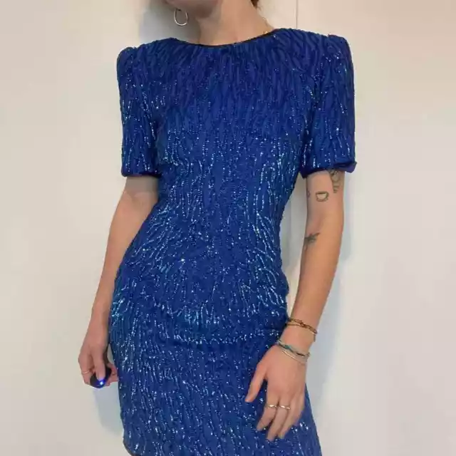 Vintage 80s Silk Beaded Sequined Blue Dress