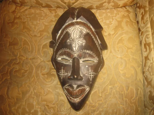 African TIKAR Cameroon Tribal Wood carved Mask w/copper inlay