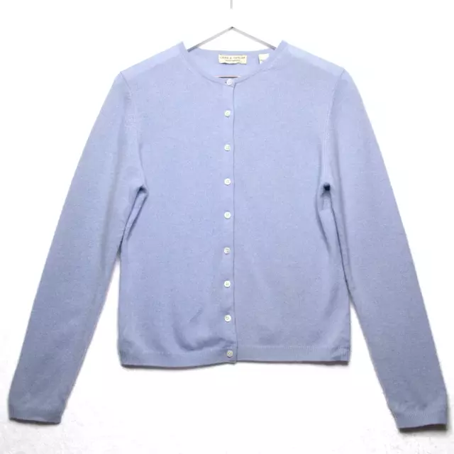 LORD & TAYLOR Two Ply Cashmere Cardigan Sweater Crew Neck Pale Blue Sz M