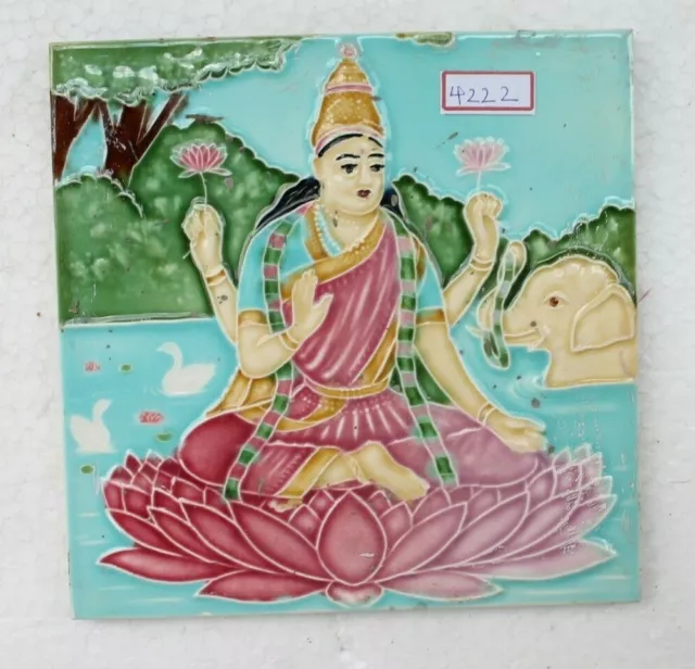 Vintage Original Fine Colorful Goddess Laxmi Embossed Ceramic Tile, Japan NH4221