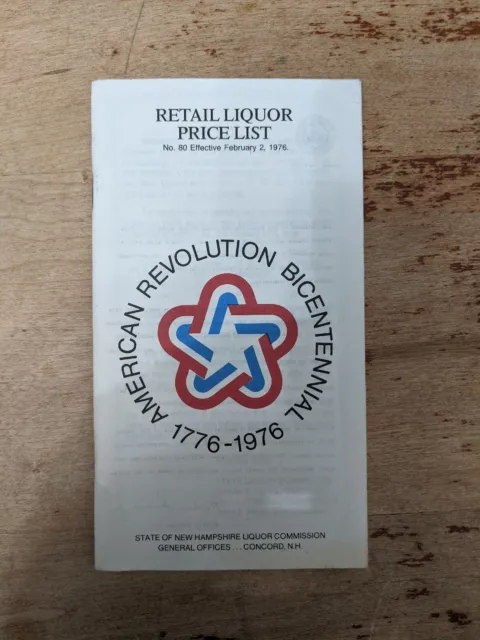 Vintage Price List New Hampshire American Revolution Bicentennial 1976 Liquor