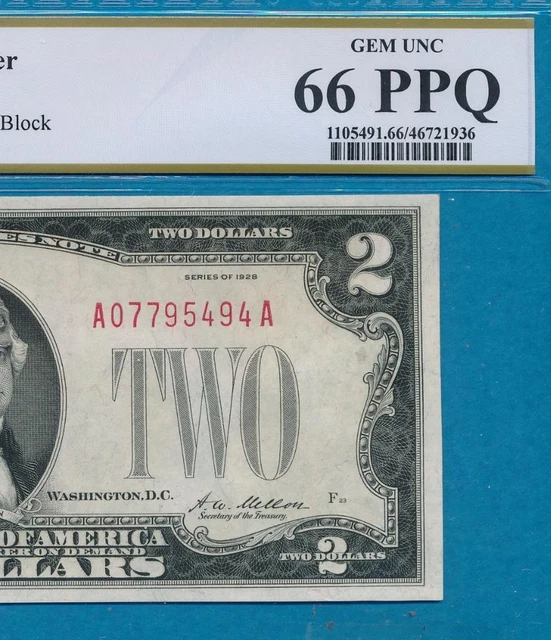 $2.00 1928  Red Seal  Pcgs  Gem  New 66Ppq Legal Tender United States Note