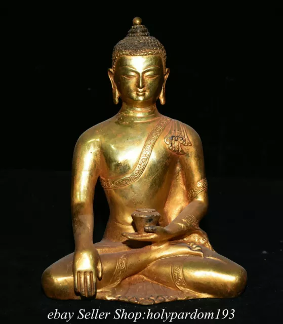 8.8" Old Tibet Tibetan Bronze Gilt Shakyamuni Amitabha Buddha Statue Sculpture