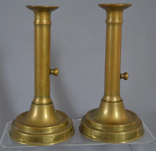 Pair 19Th Century French Brass Side Ejector Candlesticks