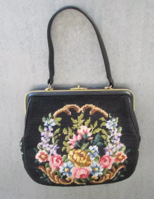 Vintage Gobelin HANDTASCHE Spiegel Kamm colourful Petit Point Handbag Purse Set