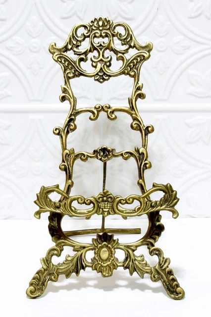 Big Vintage Brass Easel Ornate Art Plate Display Holder Victorian Style 12" Tall