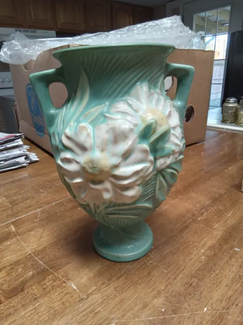 1940's Matte Green Roseville Art Pottery Peony Double Handled Vase 169-8