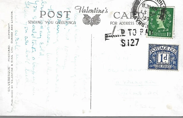 1d BLUE POSTAGE DUE +1d TO PAY CACHET ON 1955 QEII 1½d GREEN POSTCARD REF 2051