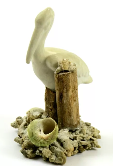 Ceramic Pelican Figurine on Wood Post and Natural Shell Base, About 4 1/2" Tall