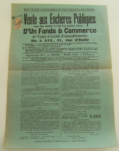 Affiche vente enchère commerce de vente à crédit  1935 vintage rétro timbre
