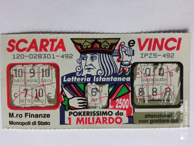 Biglietti gratta e Vinci (scarta e vinci) Vincente, timbrato.